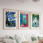 affiches art classique peintures célèbres nuit étoilée fenêtre ouverte nénuphars bleu jaune vert noir