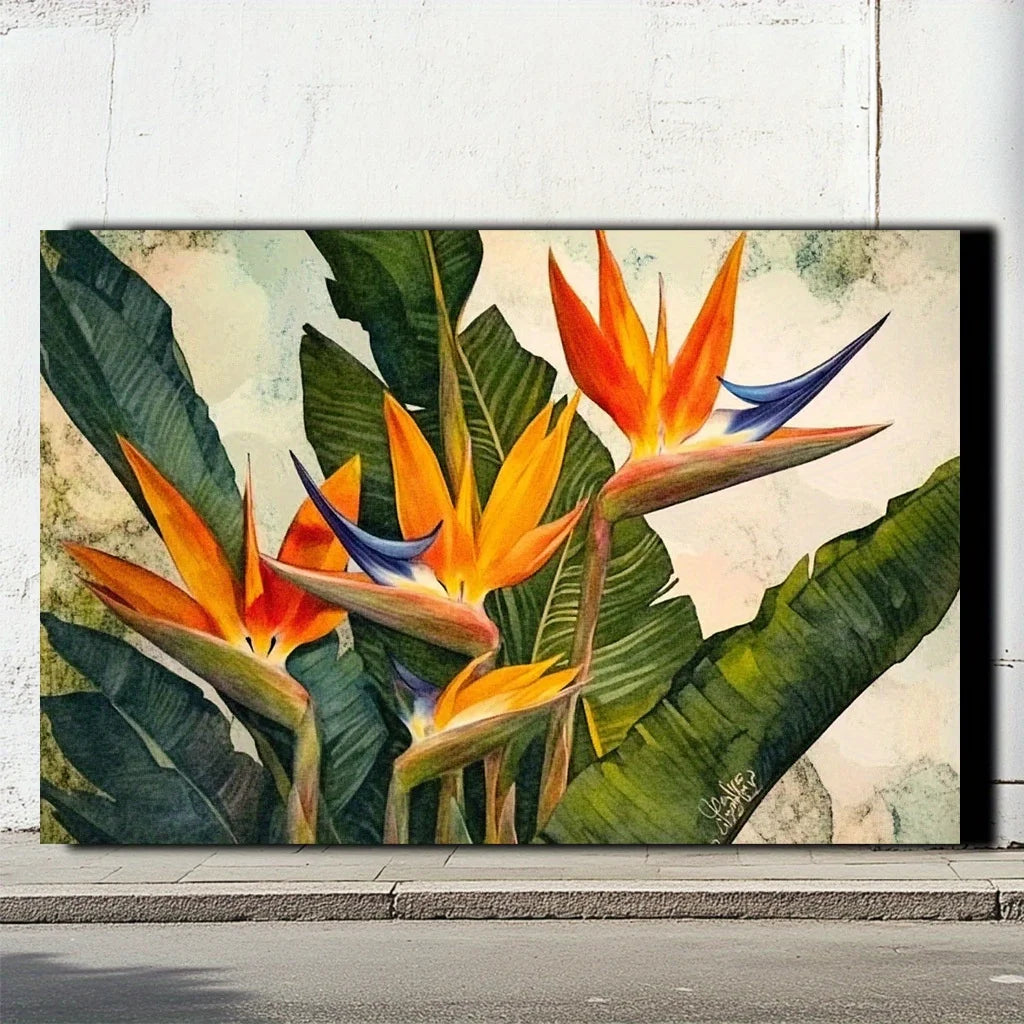 toile d'art moderne fleurs tropicales oiseau paradis abstrait vert orange bleu beige salon maisonDecoration