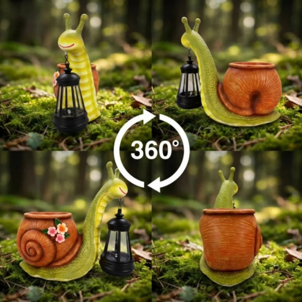 cache pot escargot résine lanterne led décoration jardin gris clair vert orange details texturés
