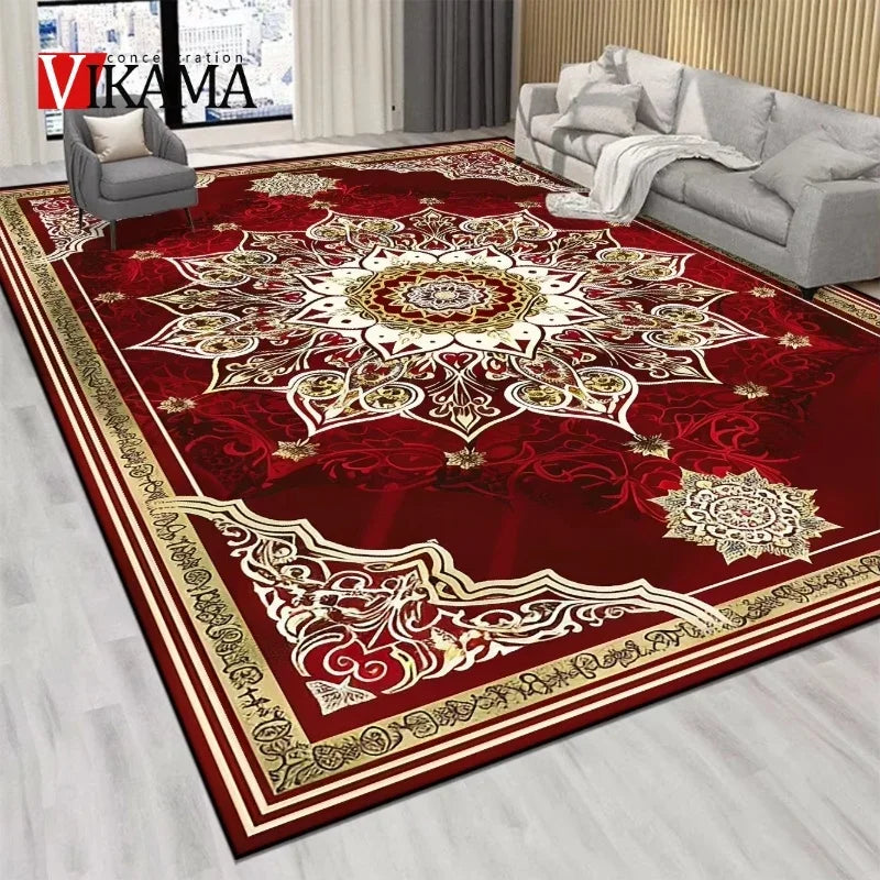 Tapis rouge antidérapant placé sous une table basse en bois