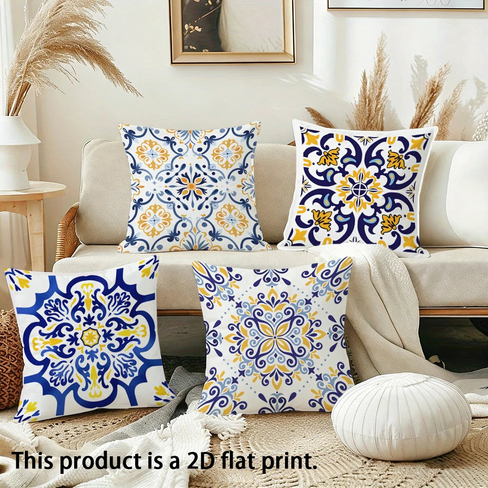 housse coussin ornements floraux moderne 100% polyester blanc bleu jaune 40x40cm 45x45cm 50x50cm 60x60cm