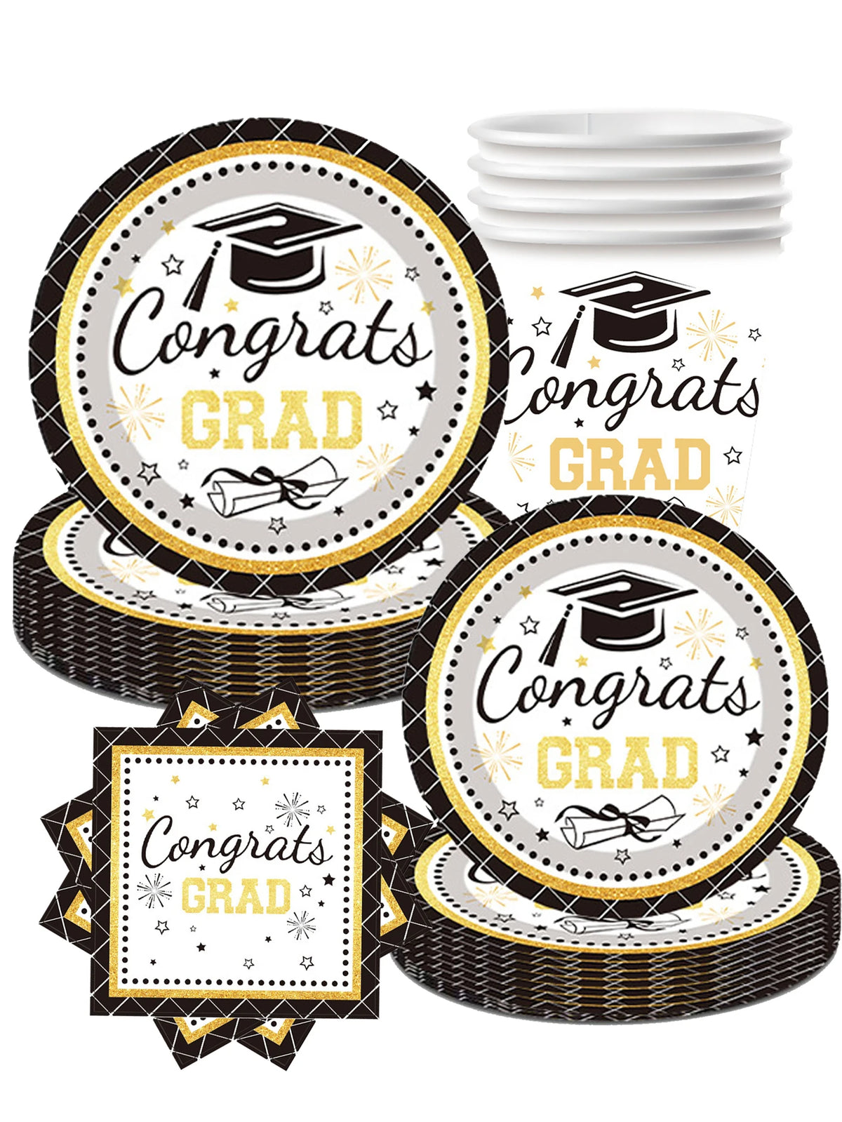 assiettes carton blanc noires or motifs graduation étoiles losanges fêtesscrição titre respecte critères demandés