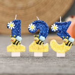 bougies anniversaire chiffres paillettes bleu jaune motifs fleurs décoratives enfants fixations boîte rangement
