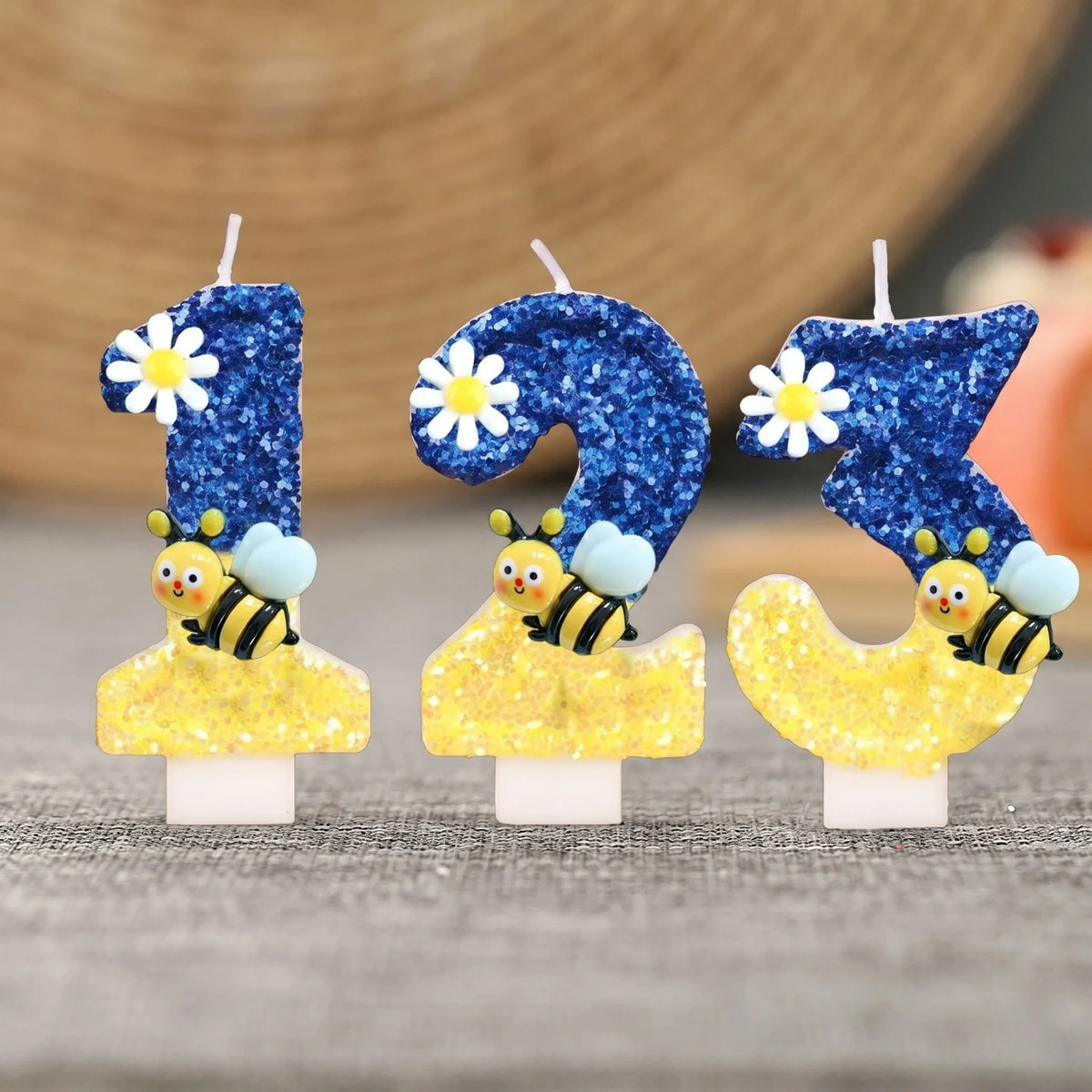 bougies anniversaire chiffres paillettes bleu jaune motifs fleurs décoratives enfants fixations boîte rangement