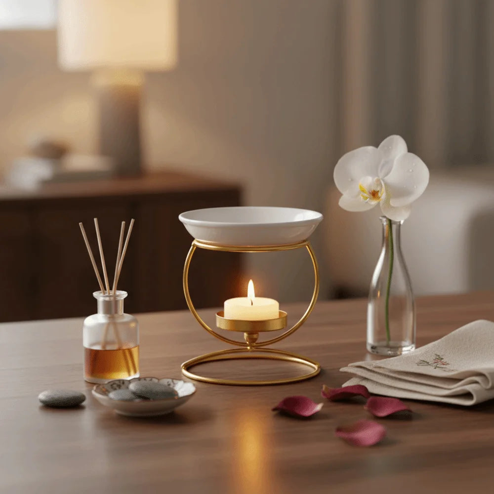 bougeoir moderne transparent blanc doré noir aromathérapie support métallique rond chauffe bougie bien être