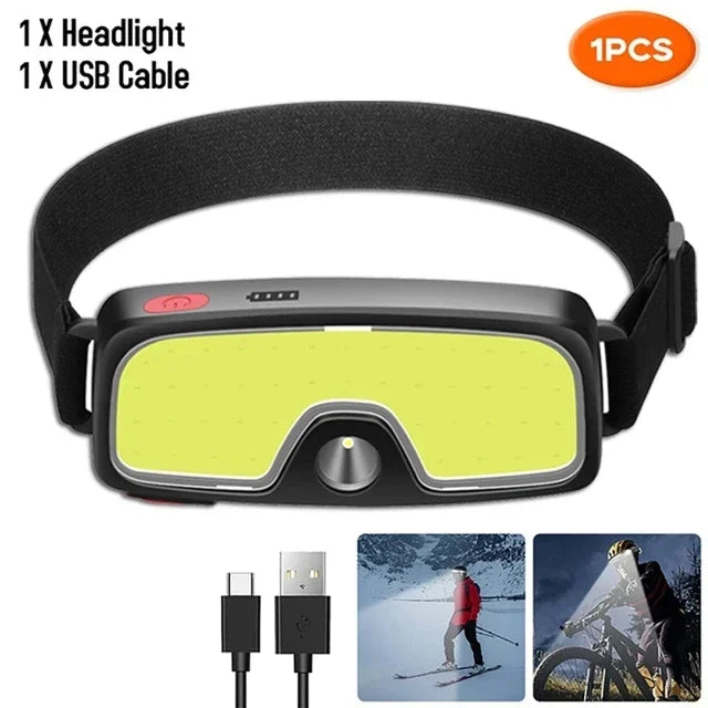 lampe frontale rechargeable led noir jaune usb camping pêche randonnée ceinture ajustable modérne pratique