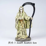 statue squelette robe billets banque motifs floraux chaussures gothique halloween blanc noir beige