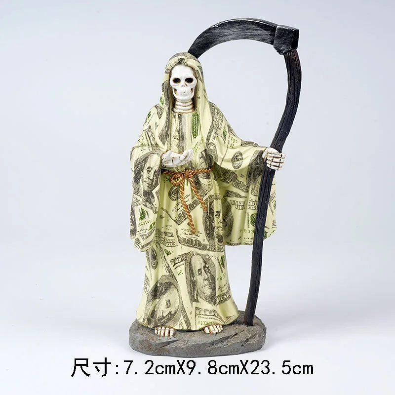 statue squelette robe billets banque motifs floraux chaussures gothique halloween blanc noir beige