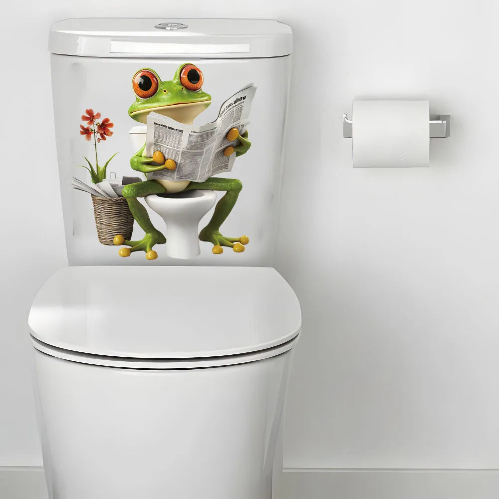 sticker mural cartoon grenouille wc journal panier adhésif vert orange blanc salle bain décoration