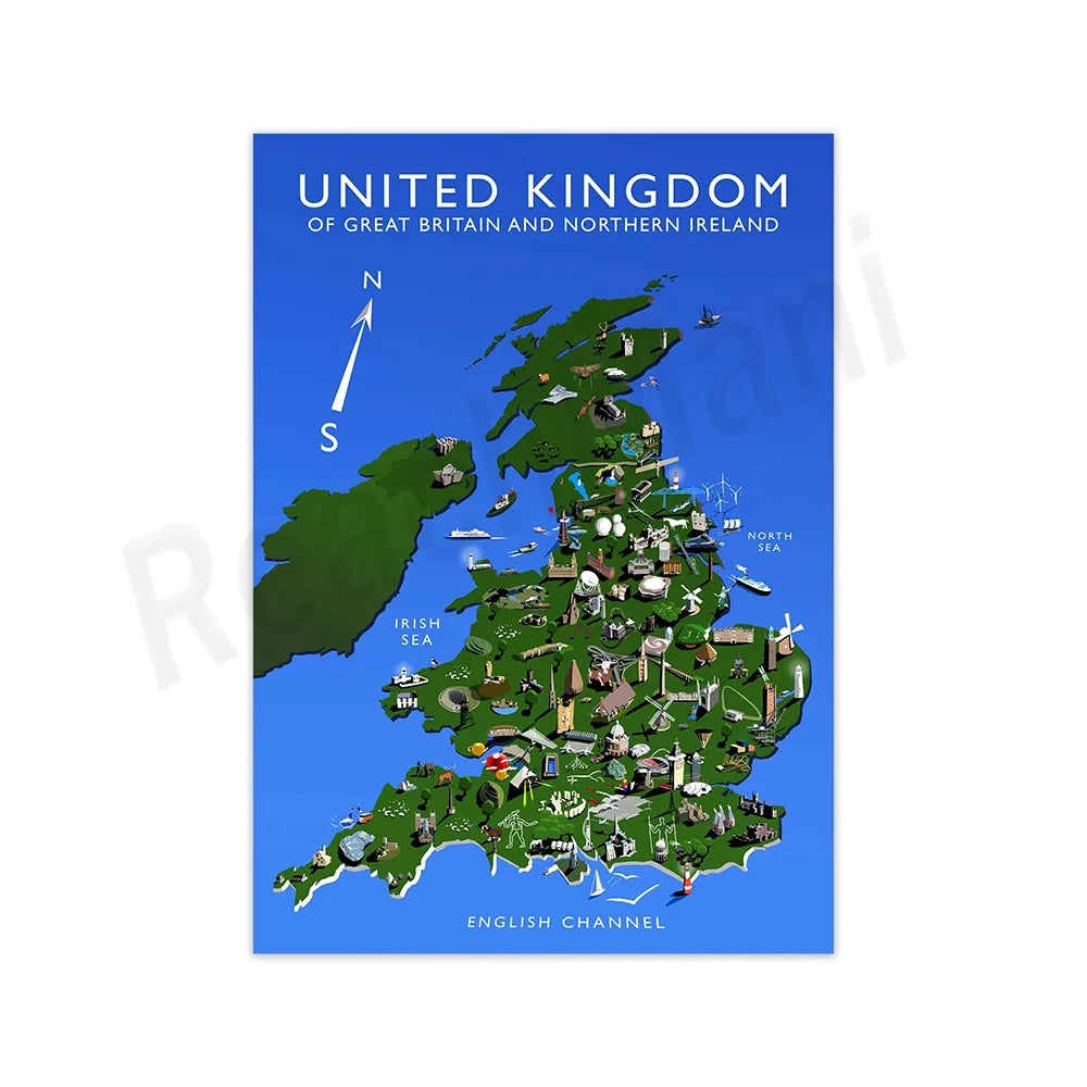 Carte illustrée du Royaume-Uni de Grande-Bretagne et d'Irlande du Nord, montrant diverses caractéristiques et symboles représentatifs du pays.