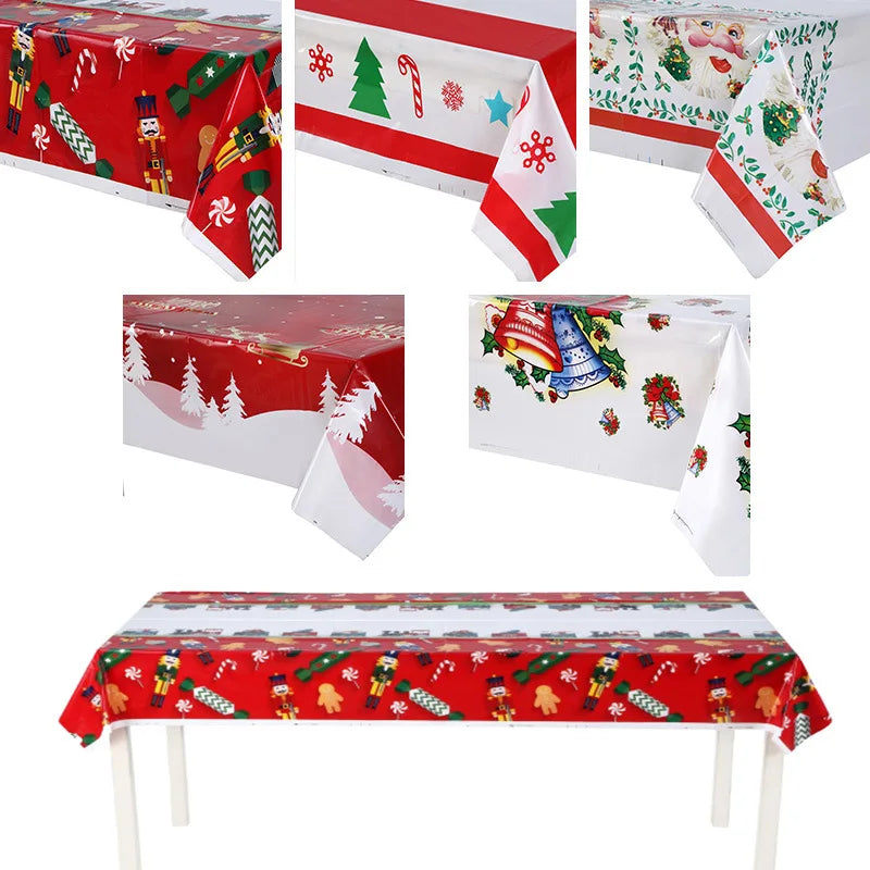 nappe table noël rouge blanche verte or motif festif bonhomme neige arbre cloche étoile
