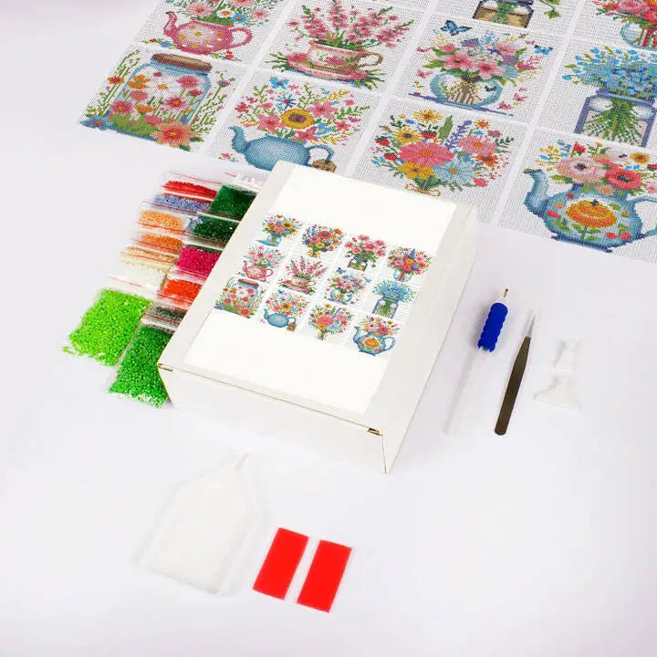 kit broderie diamant multicolore fleurs vases strass outils boîte rangement couteau pinceau guide broderie