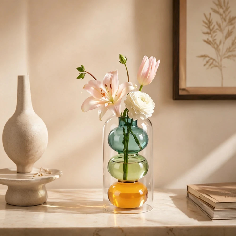 vase verre moderne transparent empilé sphères colorées décoration intérieure maison salon