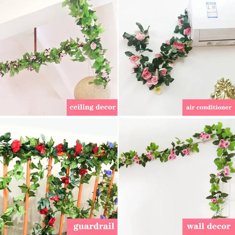 guirlande artificielle fleurs roses feuilles vertes décoration maison jardin mariage festive naturelle
