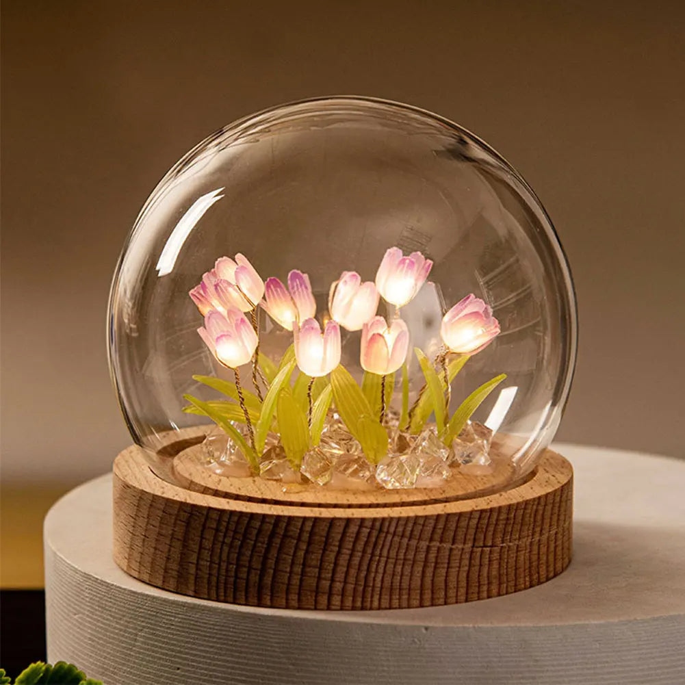 Veilleuse tulipe en verre avec base bois