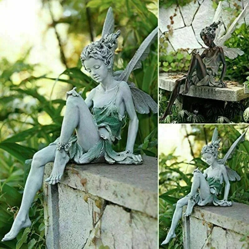 statue fée flûte résine fantaisiste feuilles détails sculptés jardin ornement erotique
