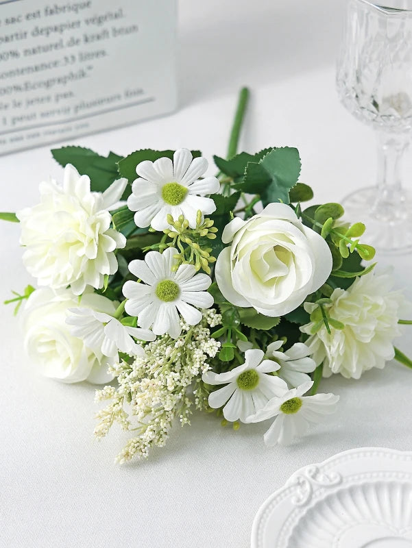 Bouquet artificiel fleurs soie rose blanc bleu orange feuilles vertes décoration mariage anniversaireextérieur classique