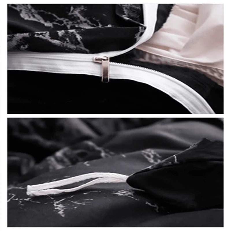 ensemble literie moderne motif marbré abstrait noir blanc pièces duvet taies d'oreiller