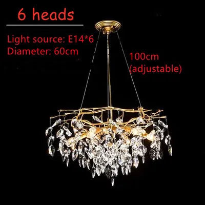 lustre moderne pendentif cristal doré feuilles stylisées led salon chambre