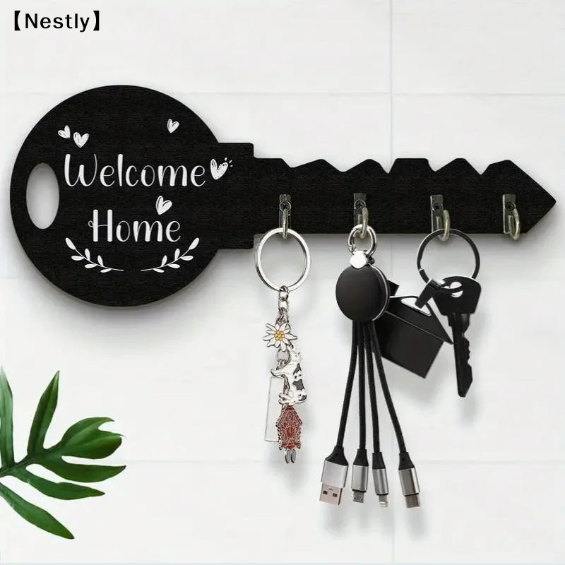 porte clés mural décoration moderne noir blanc welcome crochets métalliques chargeurs usb coeurs feuilles