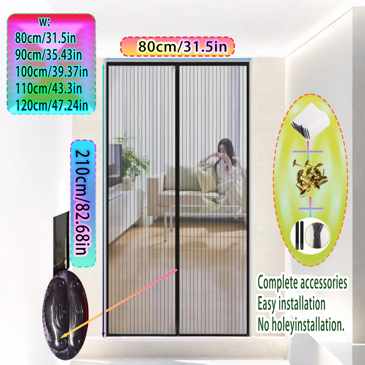 rideau porte magnétique maille fine noir anti moustiques été moderne adhésif 90x210cm opacité