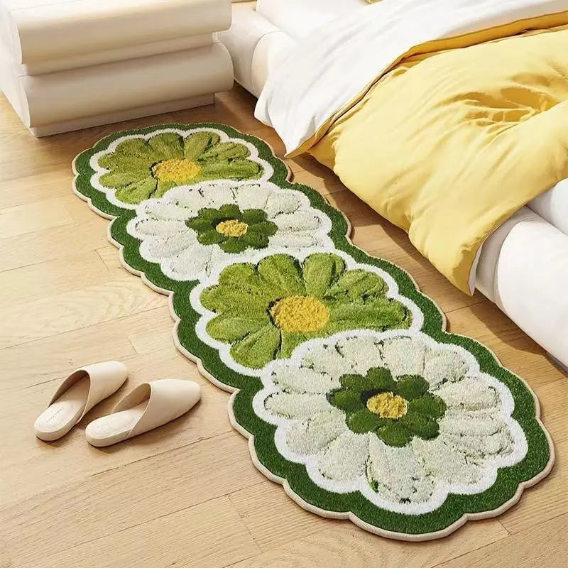 tapis moderne fleurs vert blanc jaune acrylique pvc polaire lavage main machine salon chambre