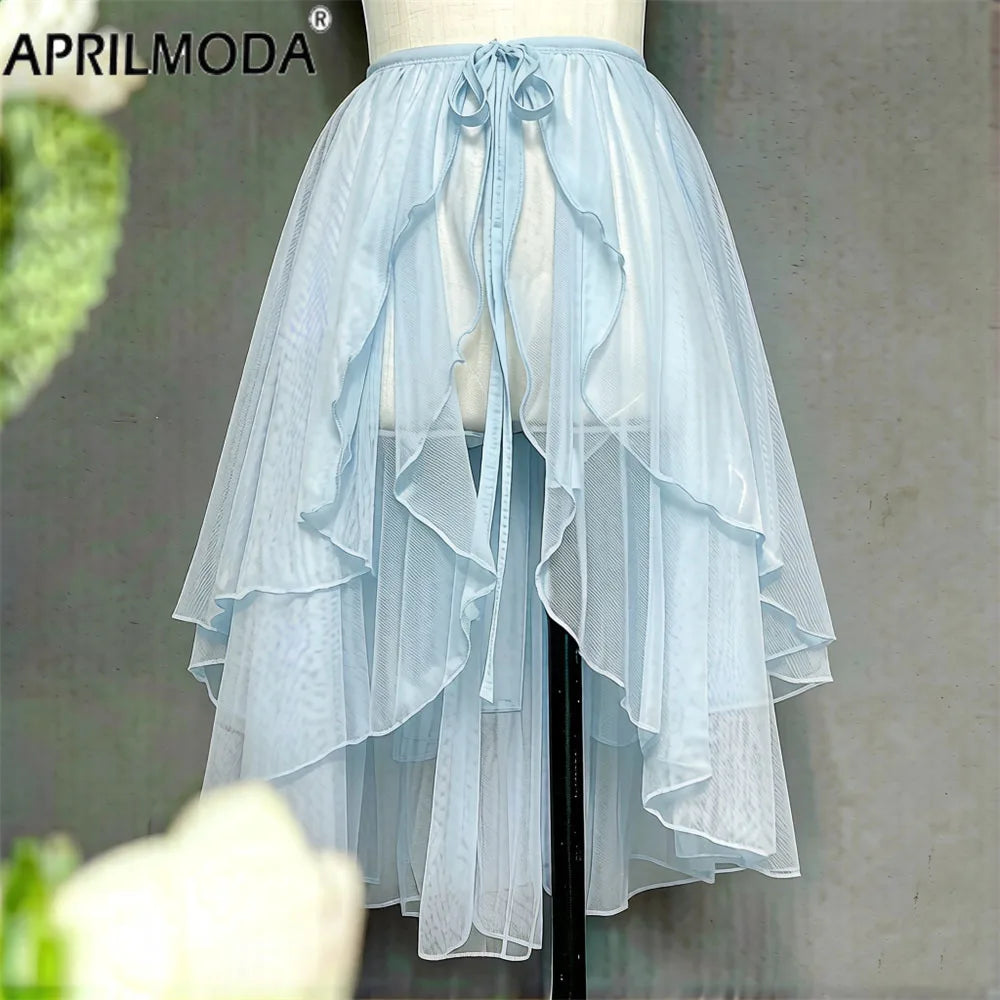jupe femme lolita asymétrique double couche voile transparent dentelle vintage romantique mi long