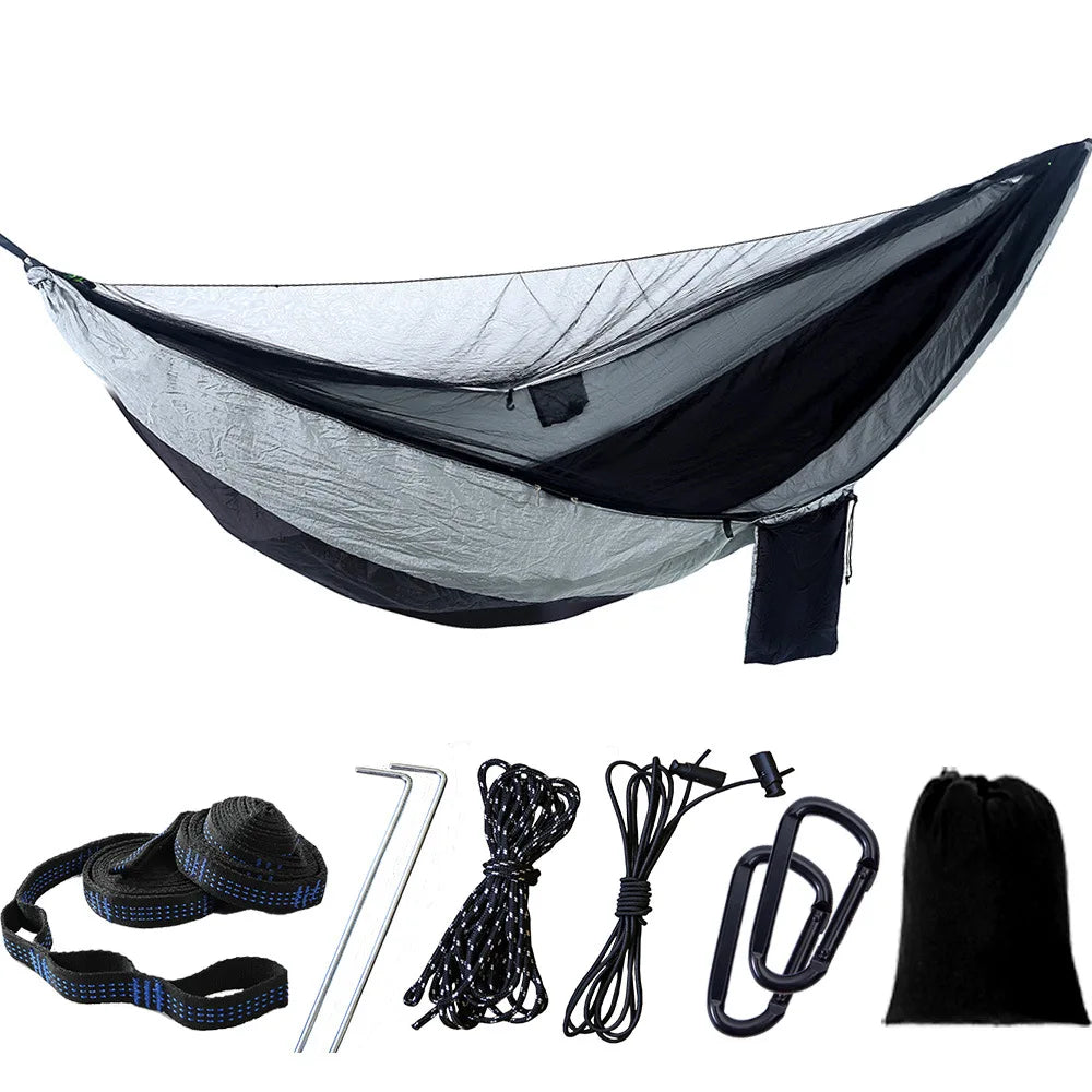 hamac deux personnes vert olive parachute léger filet antimosquitos carabines inox piquets aluminium sac
