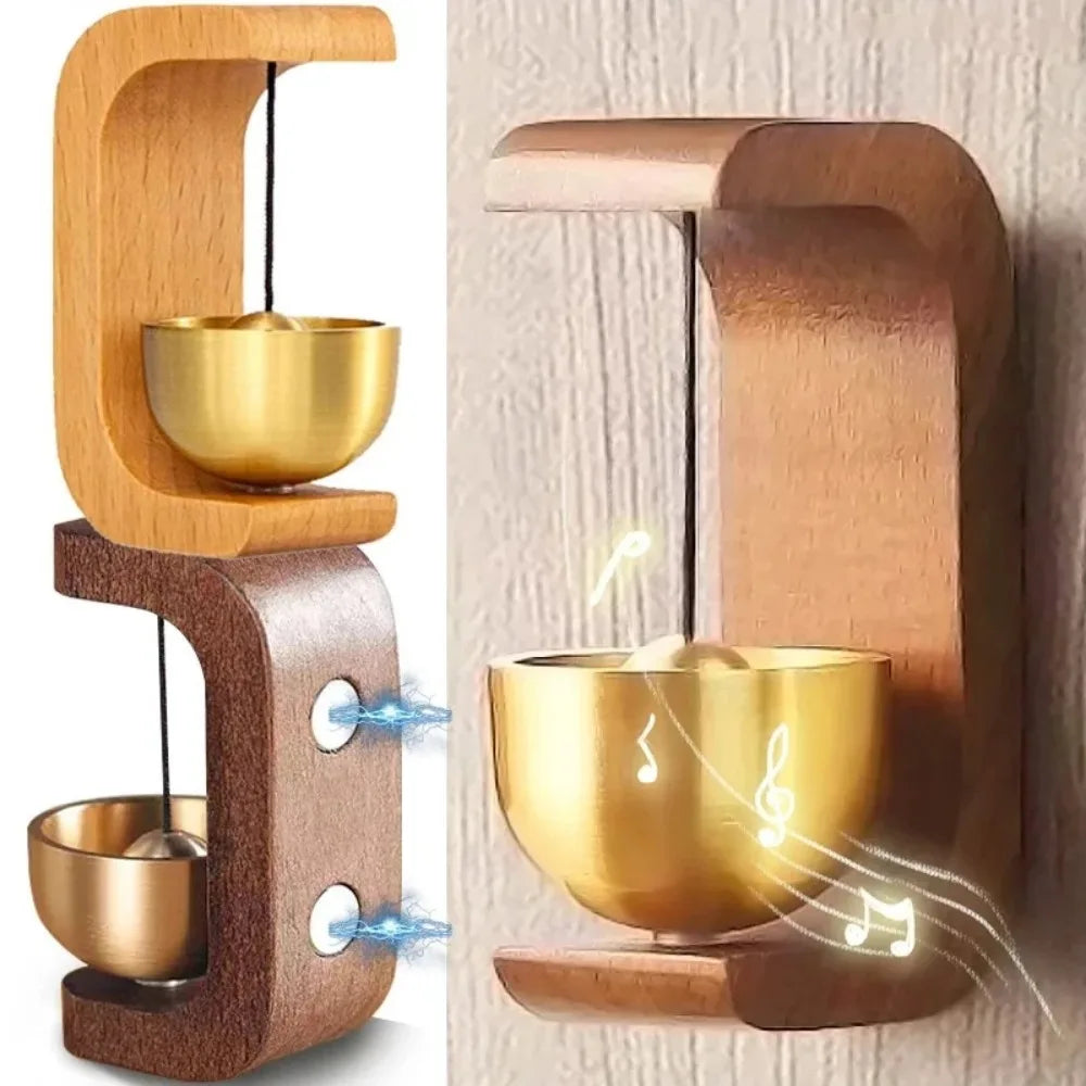 porte cloche sonnette murale cloche métal corde noire support bois moderne minimaliste zen doré
