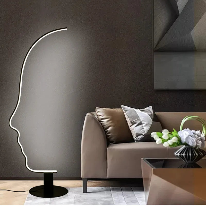 lampe sol silhouette visage humain blanc noir contemporain minimaliste interrupteur bouton aluminium