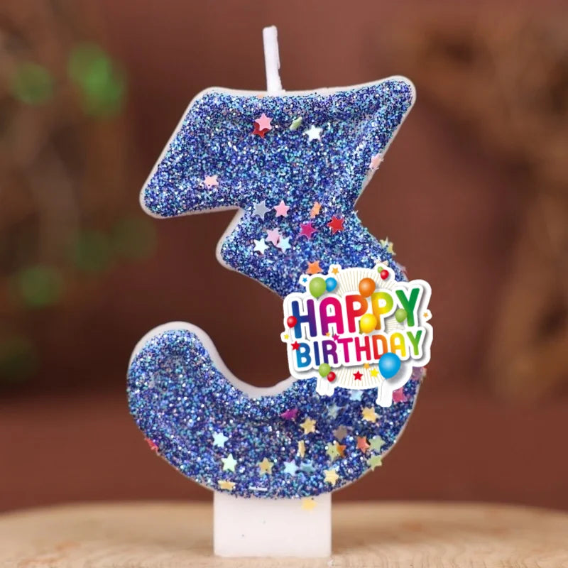 décoration anniversaire bougie chiffre bleu pailleté flamme colorée thème enfant festive happy birthday
