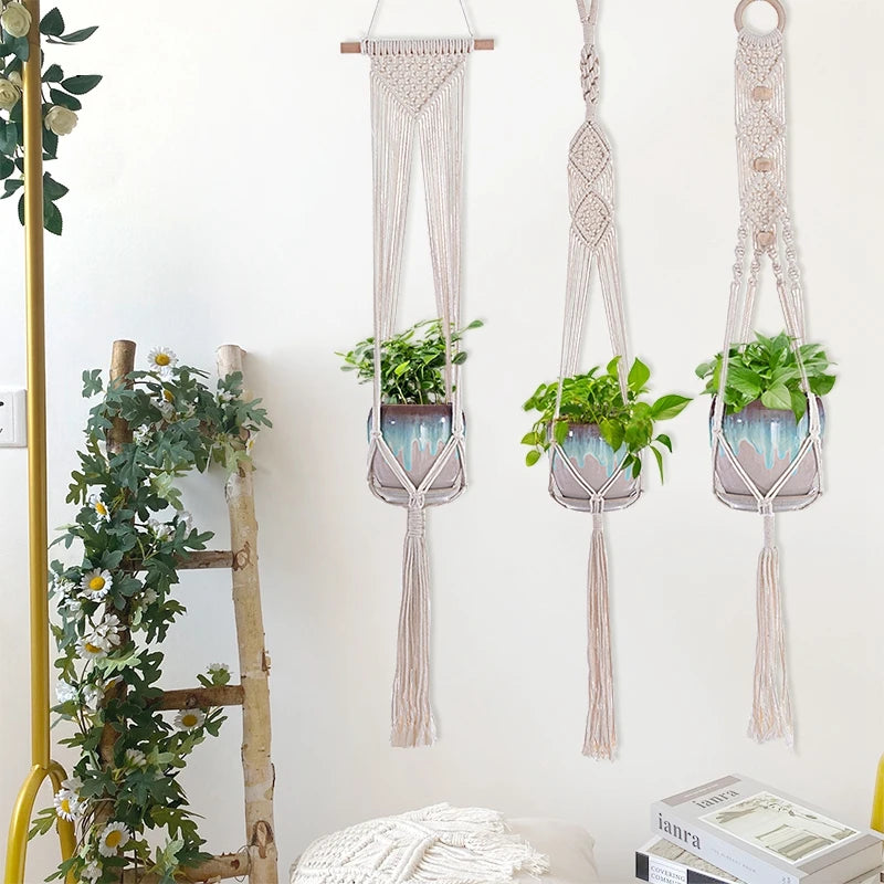 Macramé suspendu plante boho tissé main motifs géométriques anneaux métalliques