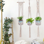 Macramé suspendu plante boho tissé main motifs géométriques anneaux métalliques