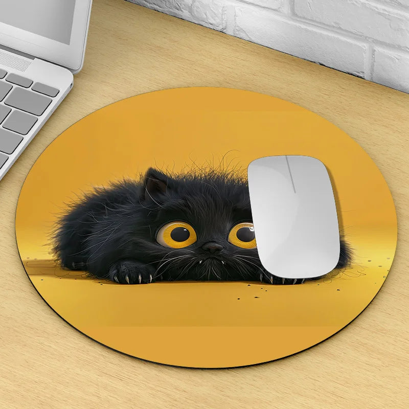 tapis souris rond chat noir yeux jaunes caoutchouc antidérapant moderne washable 22x22cm 20x20cm
