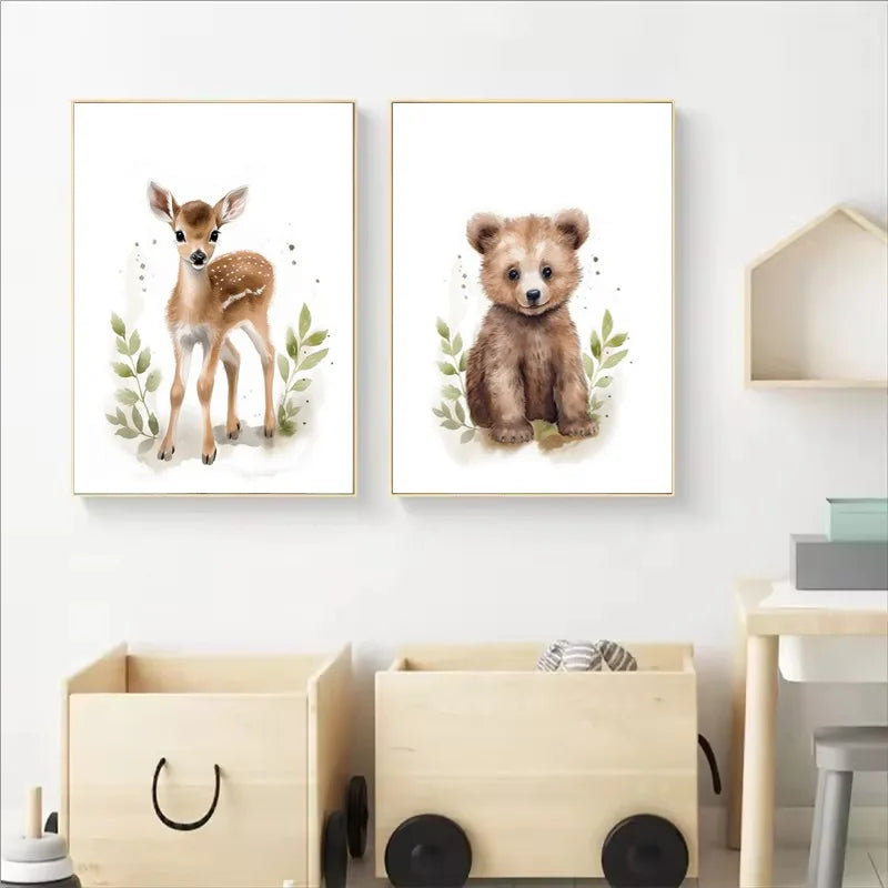 affiche aquarelle animaux forêt bébé ours lapin raton laveur décoration chambre enfant murale