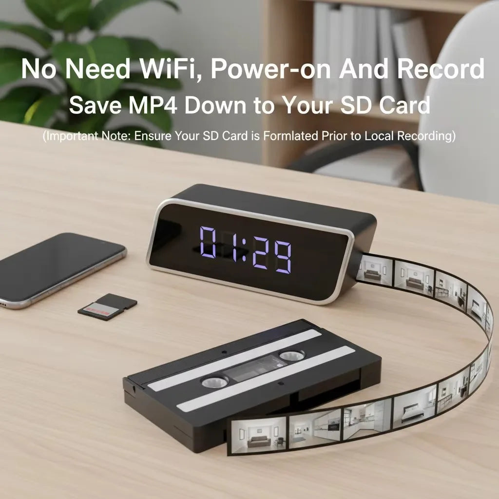 caméra horloge numérique full hd wifi vision nocturne batterie microsd noir bleu moderne