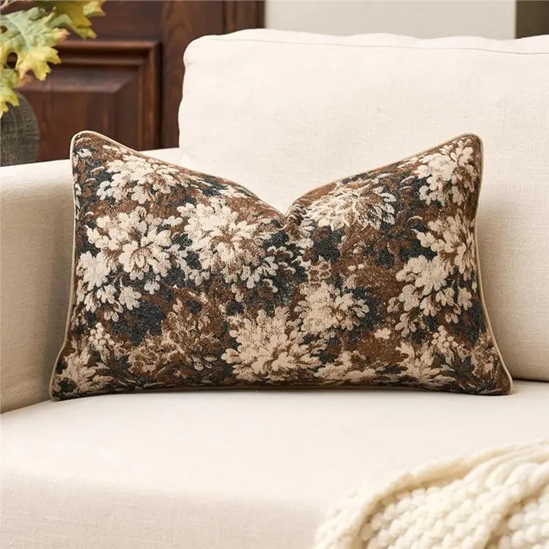 housse coussin fourrure motif floral vintage beige marron gris canapé cuisine farmhouse neutre