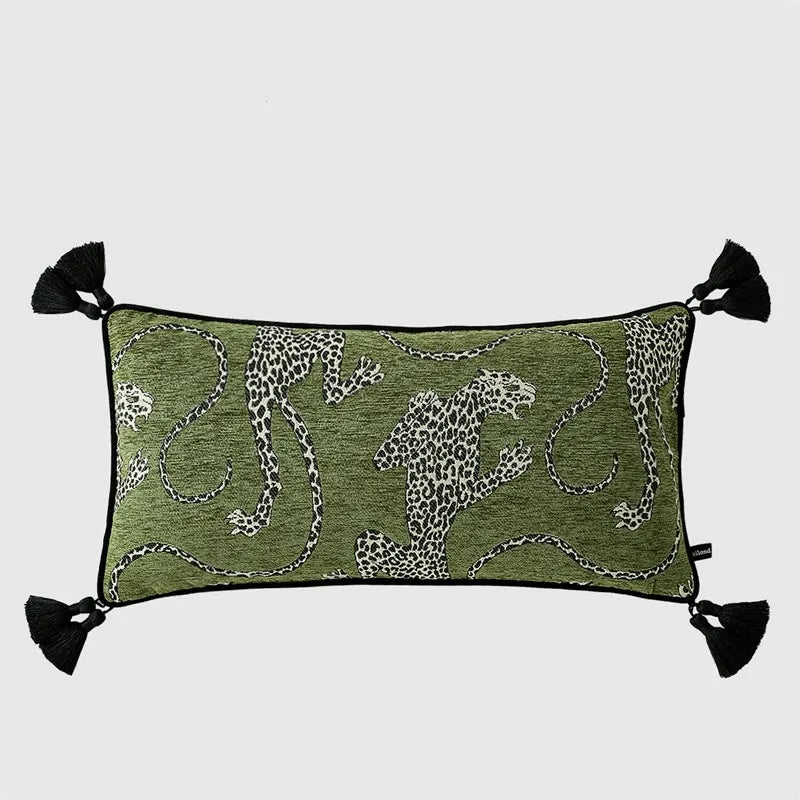 housse coussin rectangle chenille léopard brodé 30x60cm noir moderne décoration sofa lit bar
