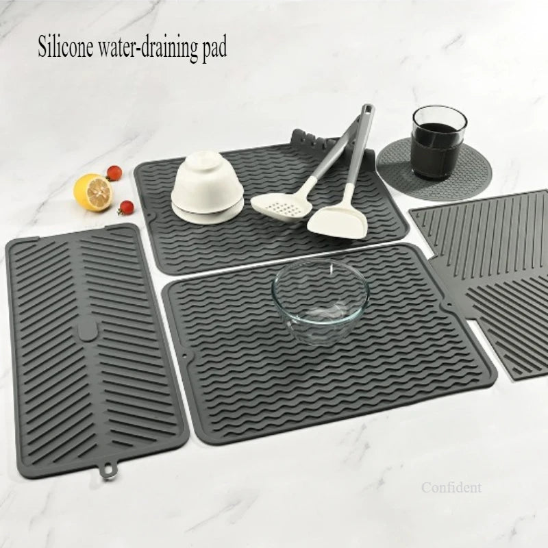 tapis drainage silicone gris moderne rayures horizontales anti dérapant rapide drying mat vaisselle organisateur