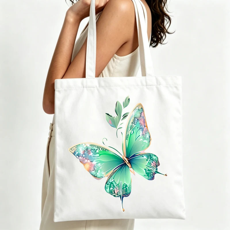 sac main toile papillon vert détails dorés moderne poignées tissu blanc uni