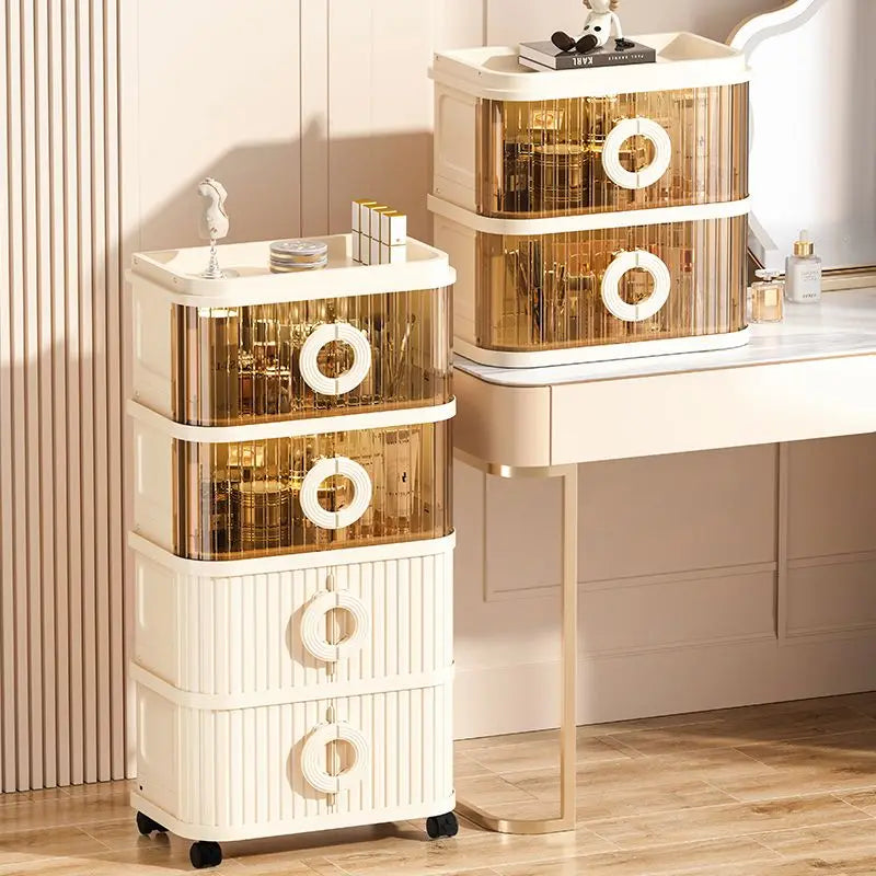 meuble rangement moderne transparent rouleau doré lignes verticales poignées blanches minimaliste