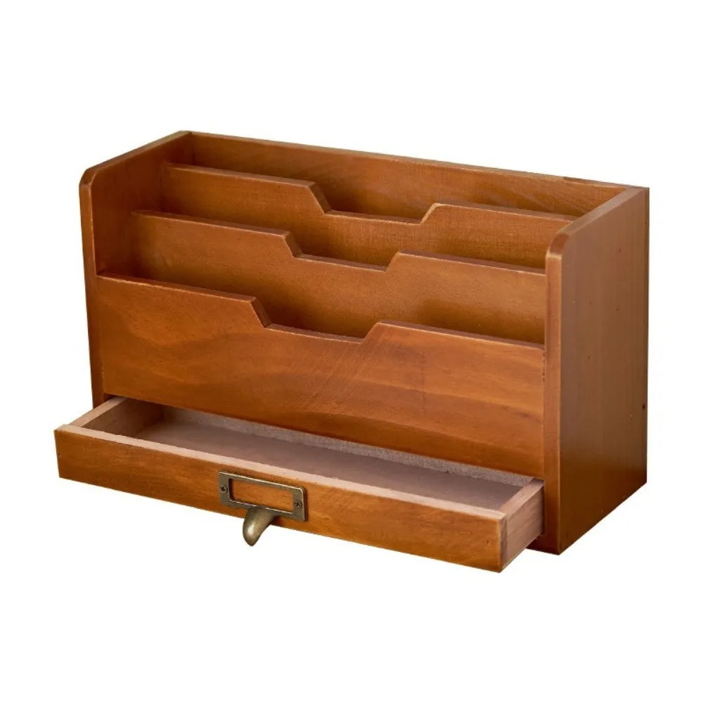 organisateur bois marron vintage tiroirs compartiments documents stylos