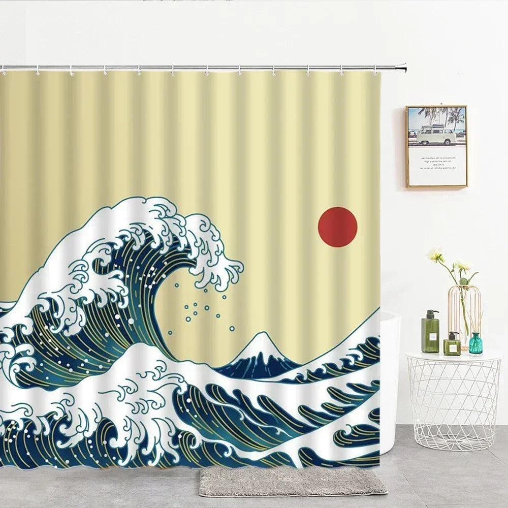 rideau douche imprimé vague japonais ourlet standard polyester opaque moderne tringle respectueux environnement