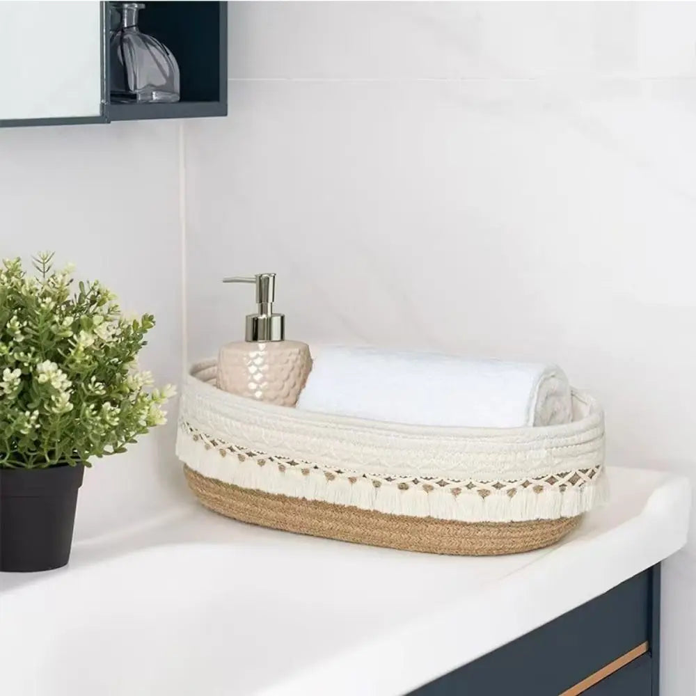 panier tissé boho chic beige noir franges rangement cosmétiques réutilisable multifonction opacité