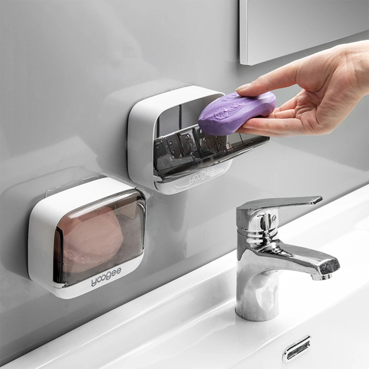 distributeur savon transparent moderne adhésif salle bain blanc gris violet rose