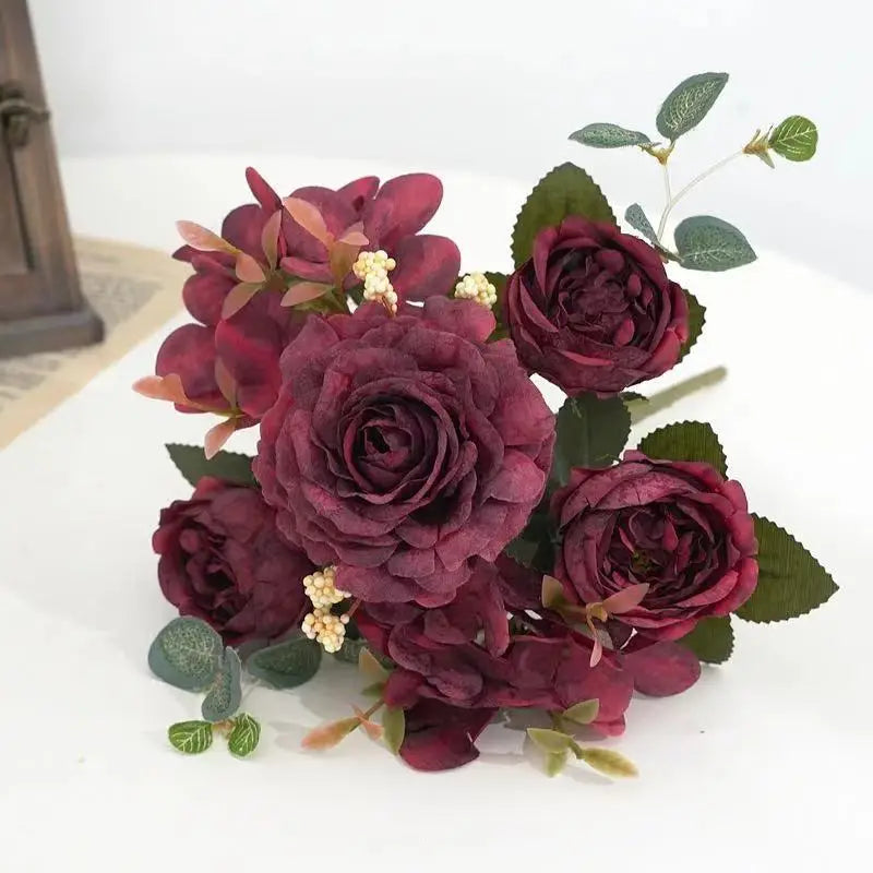 bouquet fleurs artificielles soie roses hortensias pivoines décoration mariage anniversaire intérieur moderne élégant