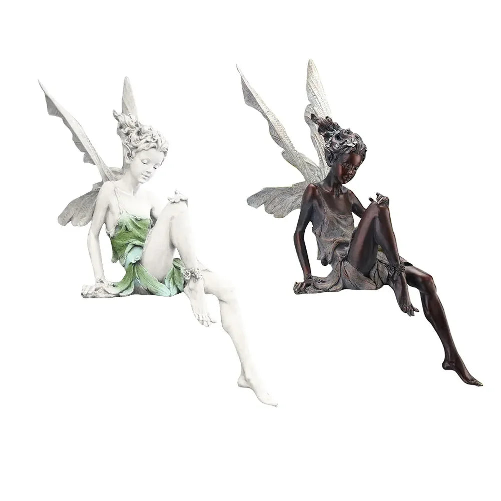 statues fées jardin extérieur résine vert gris blanc ailes translucides robe feuillue classique romantique