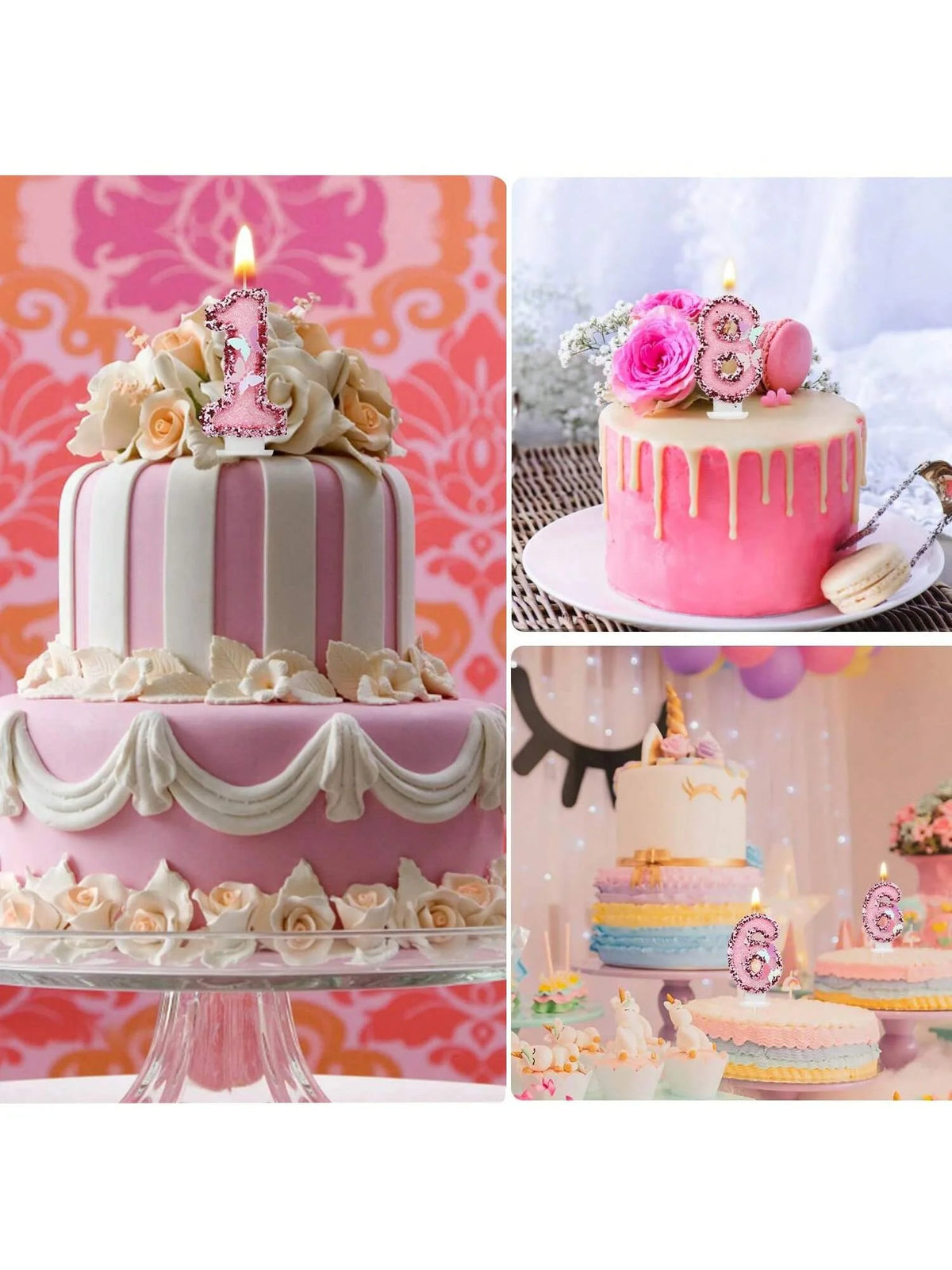bougies gâteau anniversaire numérotées paillettes papillons rose doré festive decoration tringle