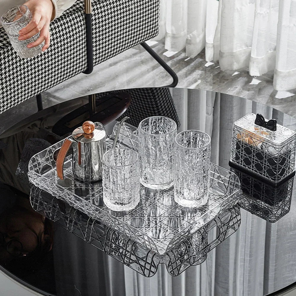 plateau service transparent moderne treillis geometrique rangement decor maison théière coupellesCHANTILLY boîtes verres diffuseur