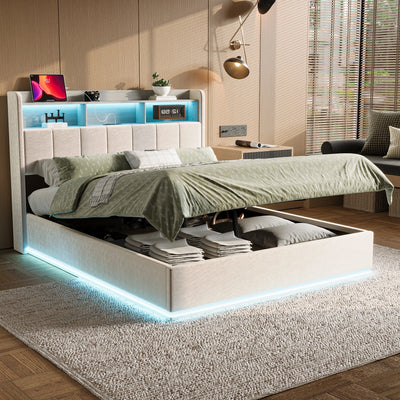 Lit coffre 140x200 cm avec éclairage LED RGB et tête de lit rembourrée